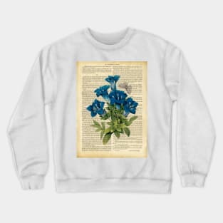 Botanical print, on old book page - garden flowers and butterfly Crewneck Sweatshirt